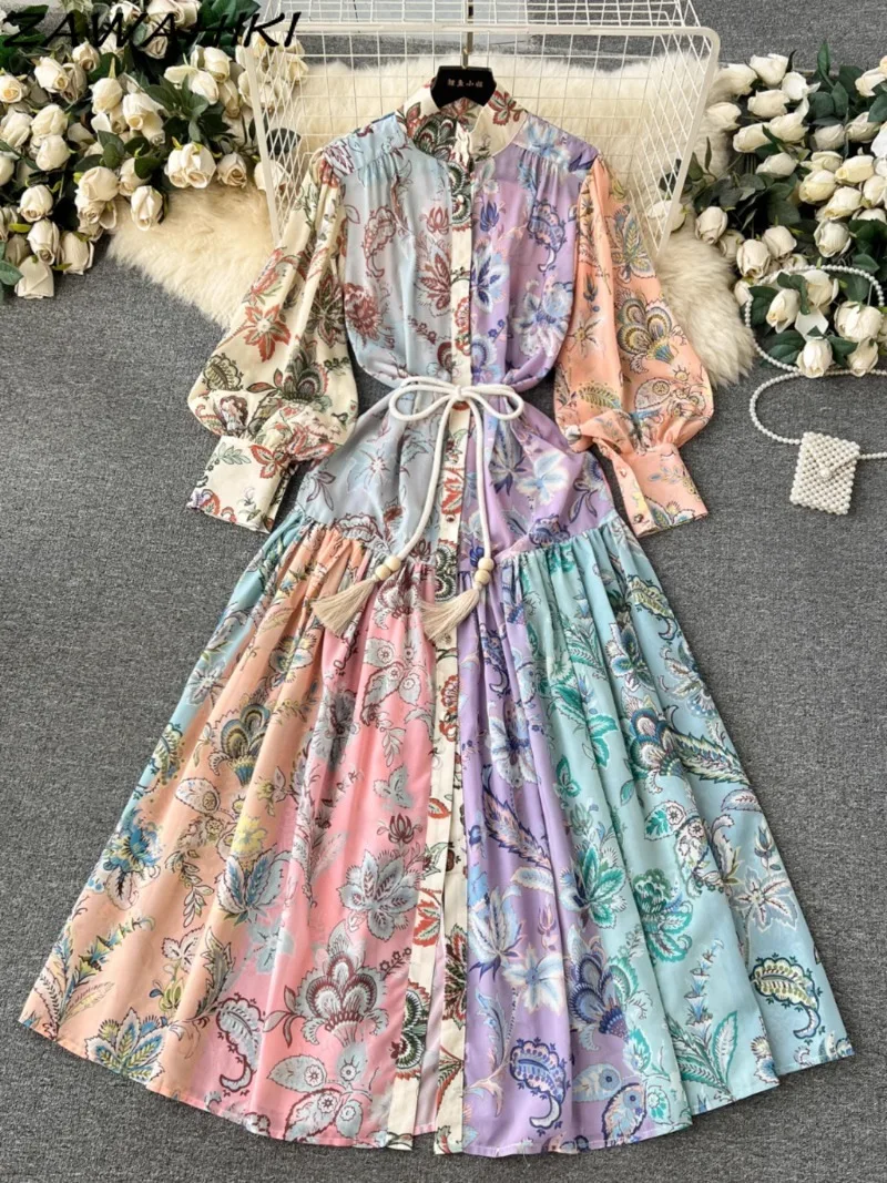 Chiffon Temperament Long Dress for Women Stand Neck Korean Femme Robe Puff Sleeve Vestido De Mujer Print Bandage Female Clothing