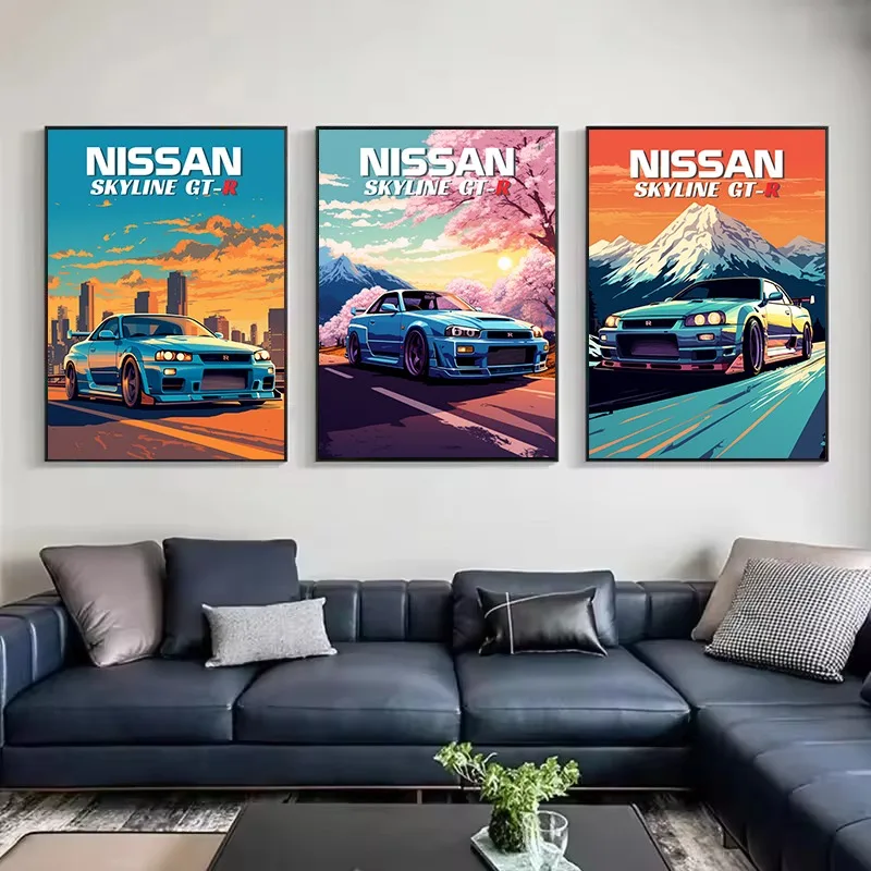 Retro Japanese Classic 1990s Sports Car Skyline-e GT-R-R34 Poster Printed Canvas Painting Wall Art Pictures Home Decor Gift