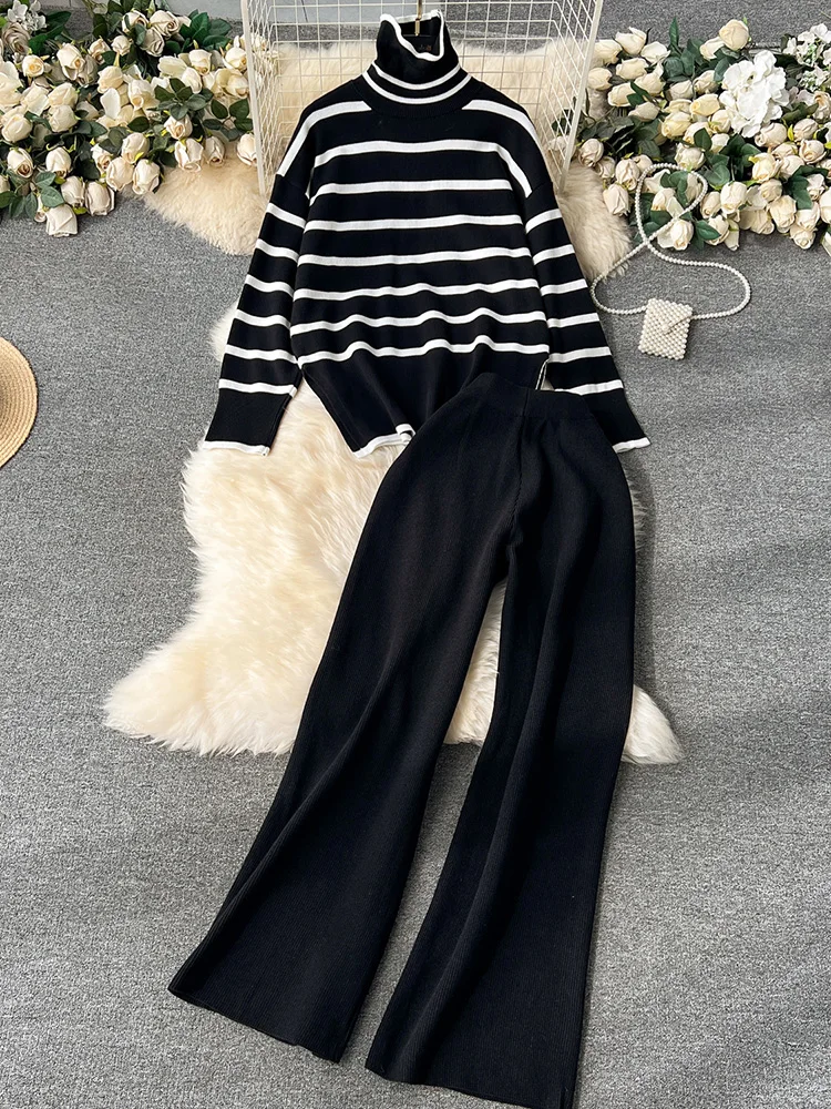 Croysier Loose Casual Striped Turtleneck Knit Pullover Sweater 2 Piece Set Women Outfit High Waist Wide Leg Pants Matching Sets