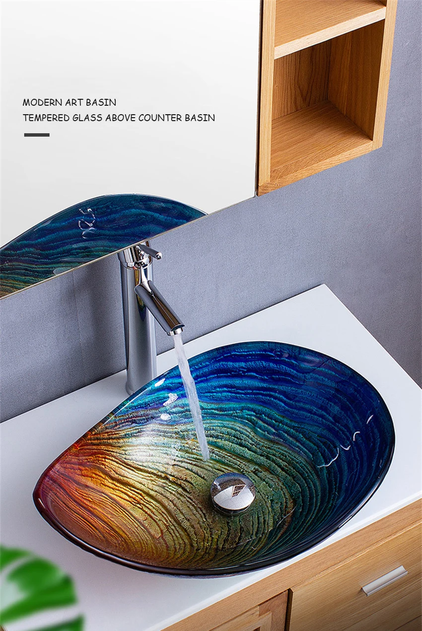 A Great discounts Bathroom Washbasin Countertop Tempered Glass Basin Sink Faucet Set Household Small Water-drop Shape Art Abo