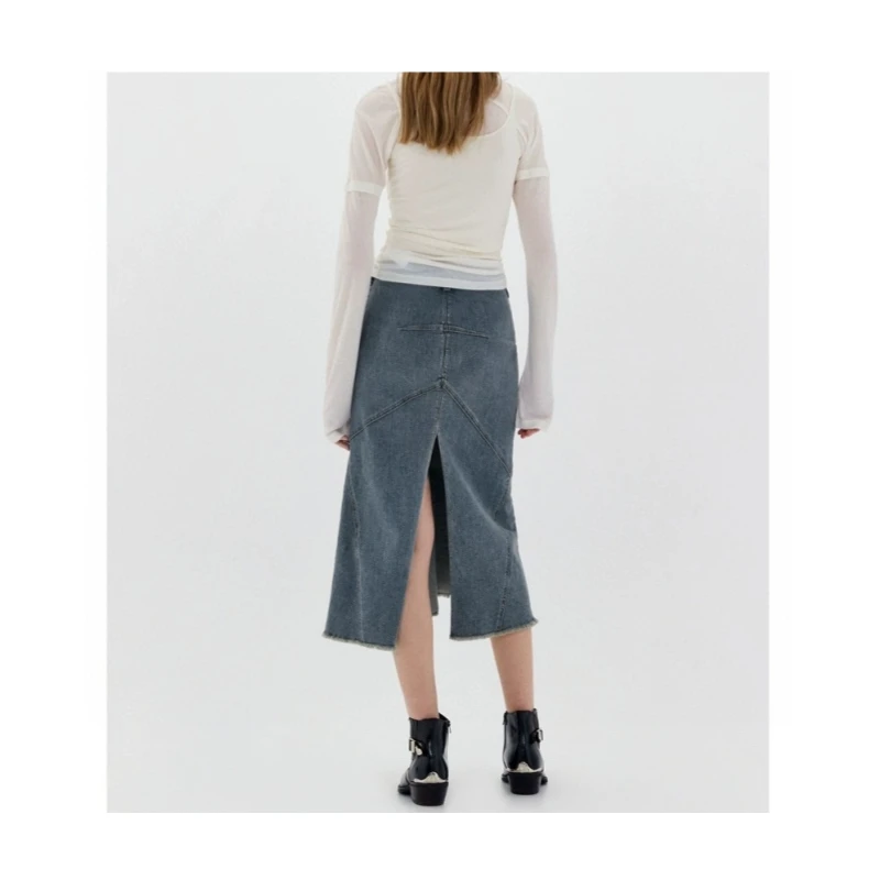 Novo estilo coreano casual franjas saia jeans com cauda de peixe dividida na primavera e no verão de 2025