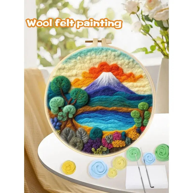 GATYZTORY Felted Wool Needle Felting Kit 20cm/7.87in Round Hoop Colorful Wool for DIY Landscape Art Perfect for Beginners