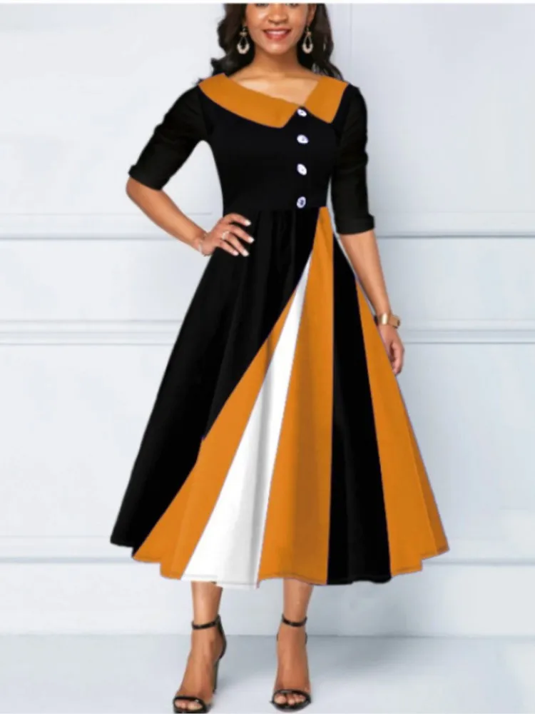 Spring Autumn Women\'s New Button Decoration Fashion 3D Printing Large Swing Five Step Sleeve Doll Neck Long Dress