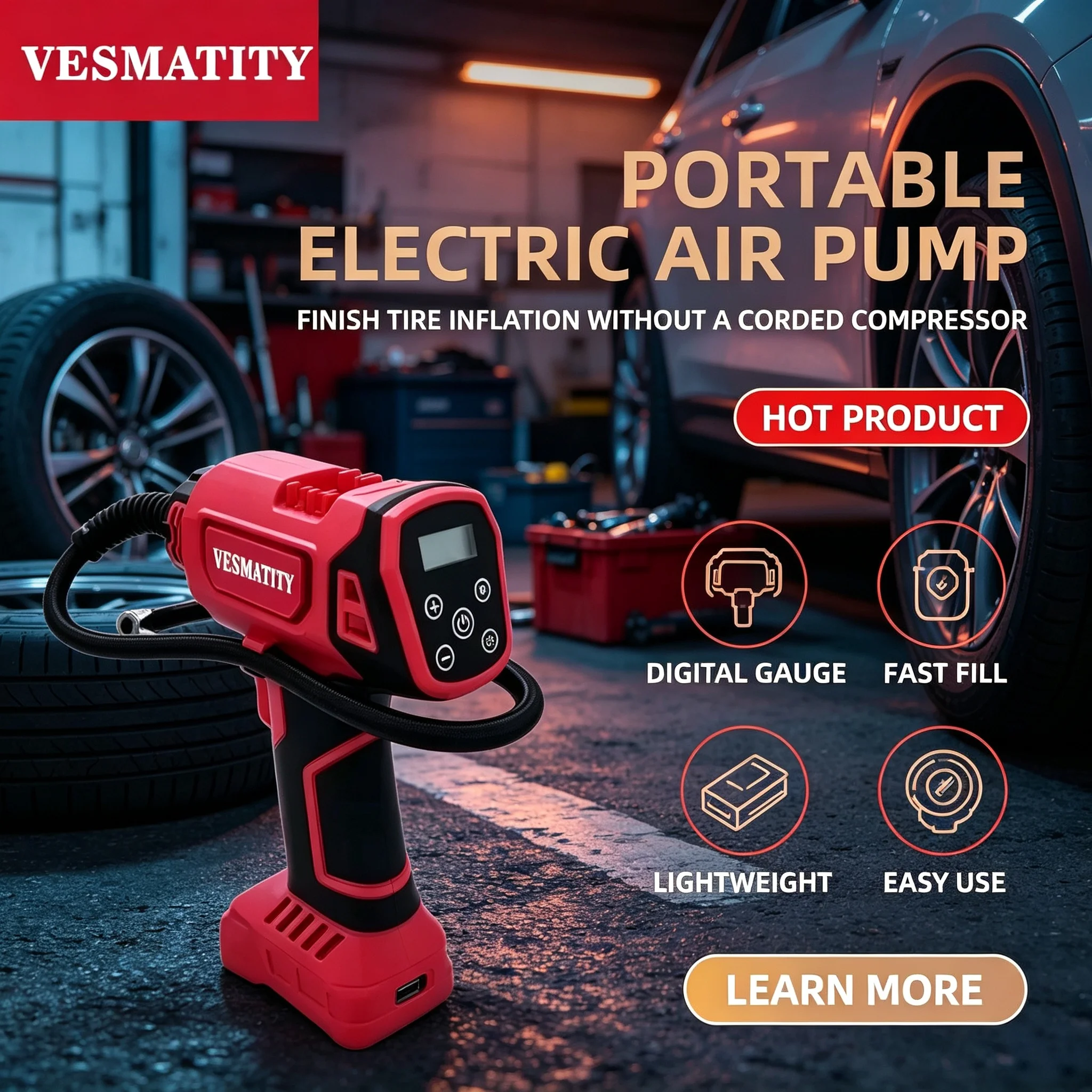 Battery 18V Cordless Electric Air Pump Car Tire Automatic Inflator Handheld Air Compressor Rechargeable