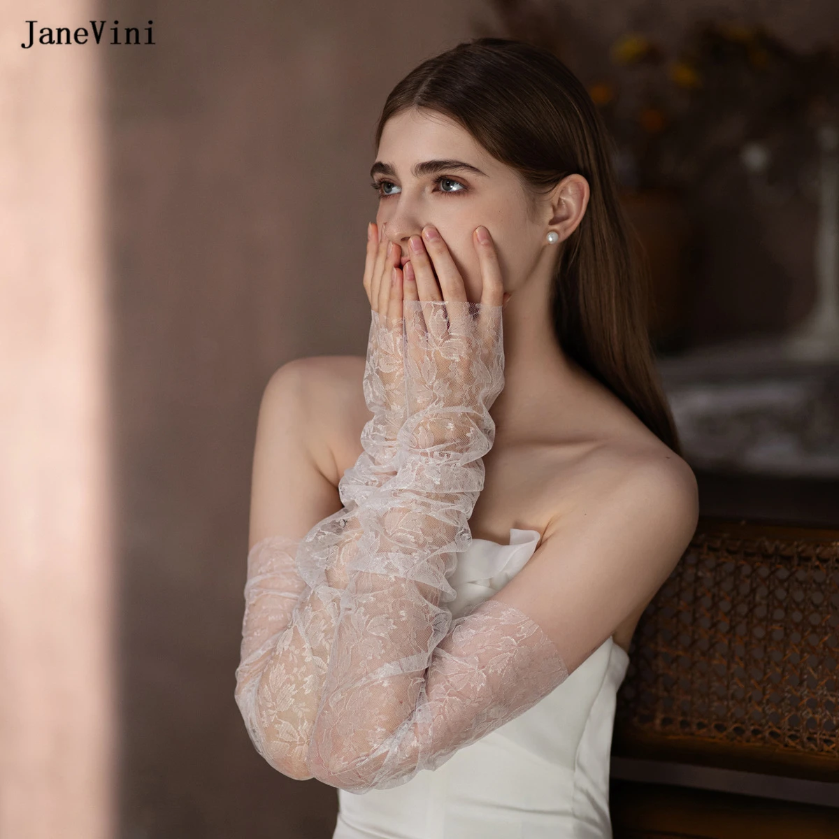 JaneVini 2024 Elegant Ivory Bridal Gloves Fingerless 55cm Long Lace Hollow Tulle Gloves Women\'s Wedding Dress Party Accessories