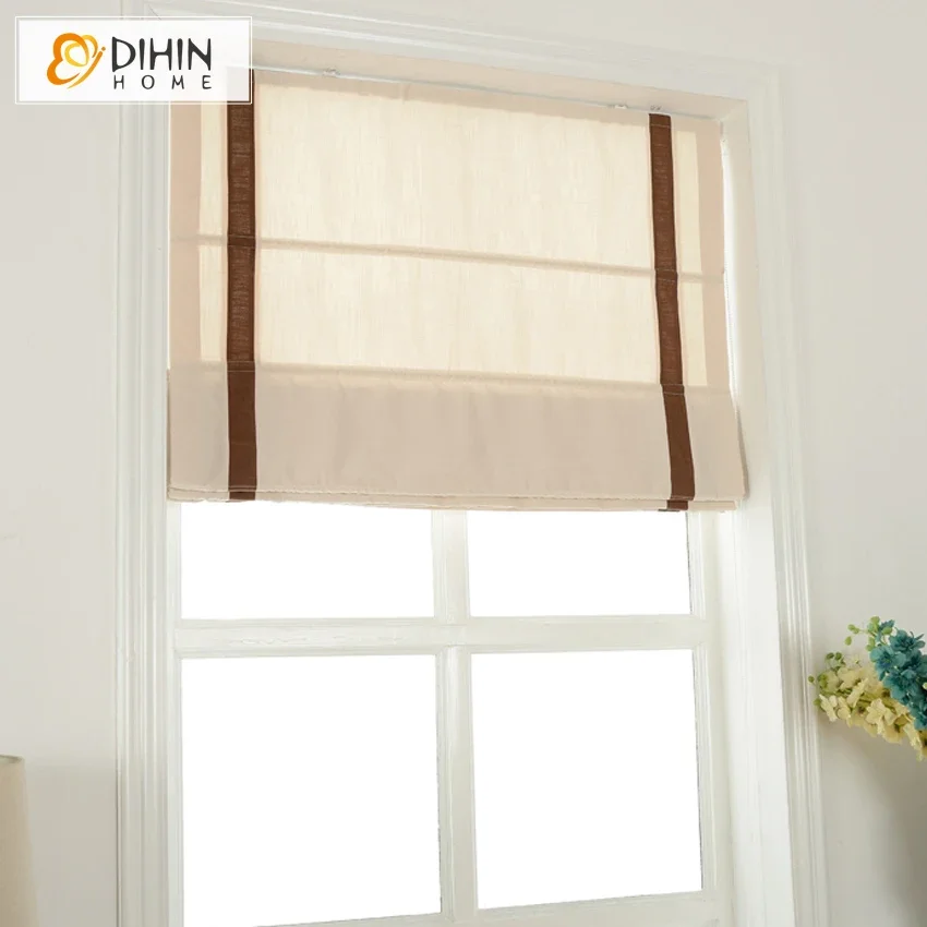 Modern White With Coffee Trims Window Curtain Linen/Cotton Roman Shade Blinds Curtain Drapes