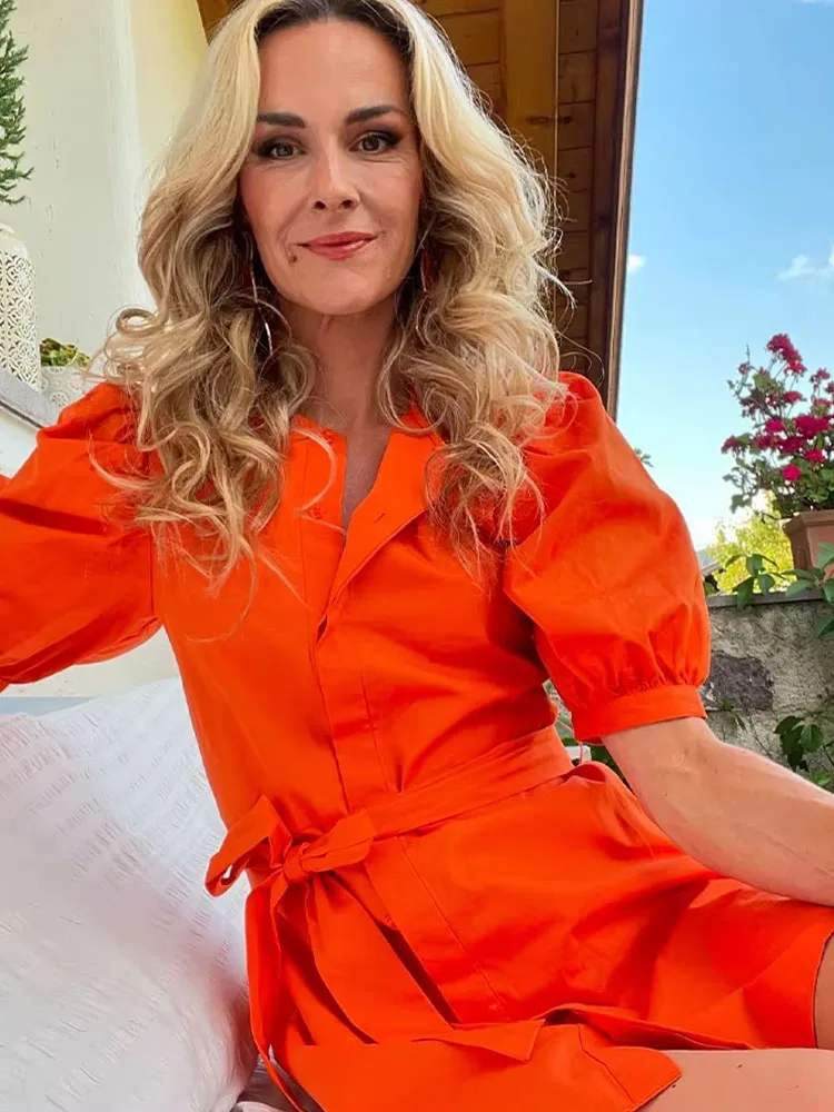 Female Casual Loose Mini Dress Solid Orange O-Neck Puff Sleeve With Bow Belt Dress 2024 Summer Trendy Mujer Vestidos