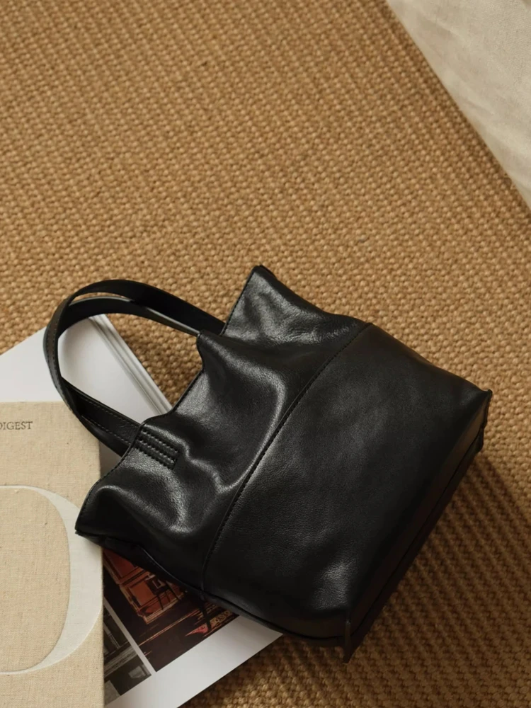 

Black Fashion Simple Retro Bucket Bag Genuine Leather Women Tote Bag\Handbag Real Leather Female Shoulder Bag Crossbody Bag Soft