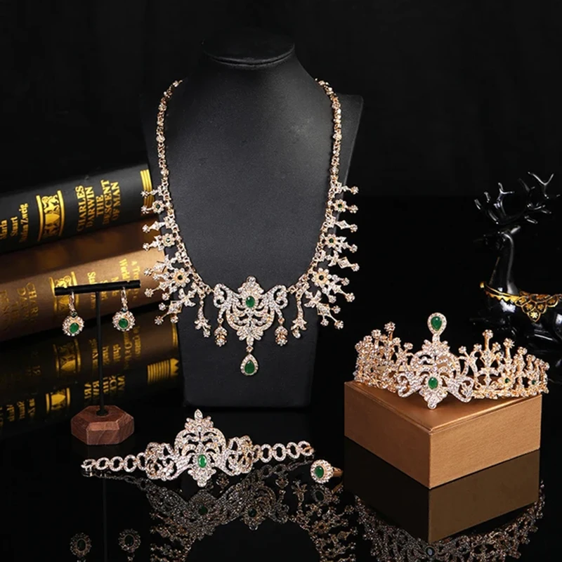 

Vintage Fancy Flower Jewelry Set Earring Necklace Ring Bracelet Crown Gift for Turkish Bride's Wedding Bridesmaid Bijoux