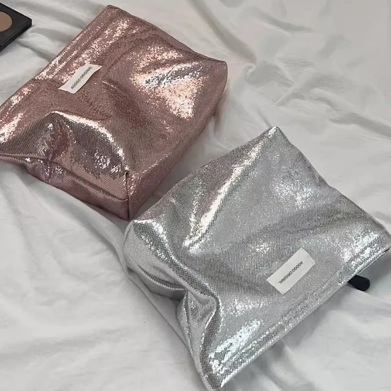 Neue glänzende Pailletten Silber Champagner Clutch Kosmetik taschen Make-up Tasche tragbare Toiletten artikel Hautpflege Aufbewahrung tasche