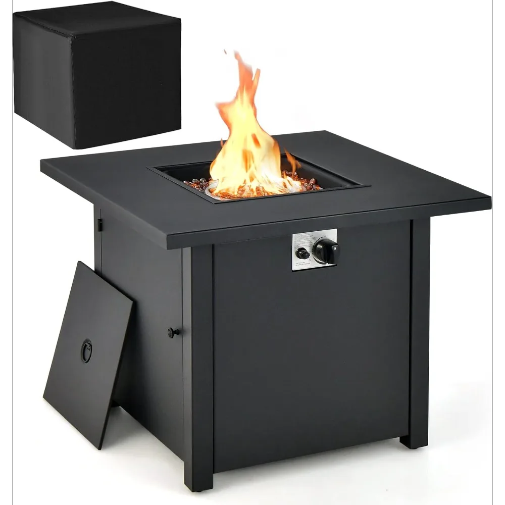 32 Inch Fire Pit Table, Fire Glasses & PVC Protective Cover, Simple Ignition System, 50,000 BTU, Square Propane Fire Pit Table