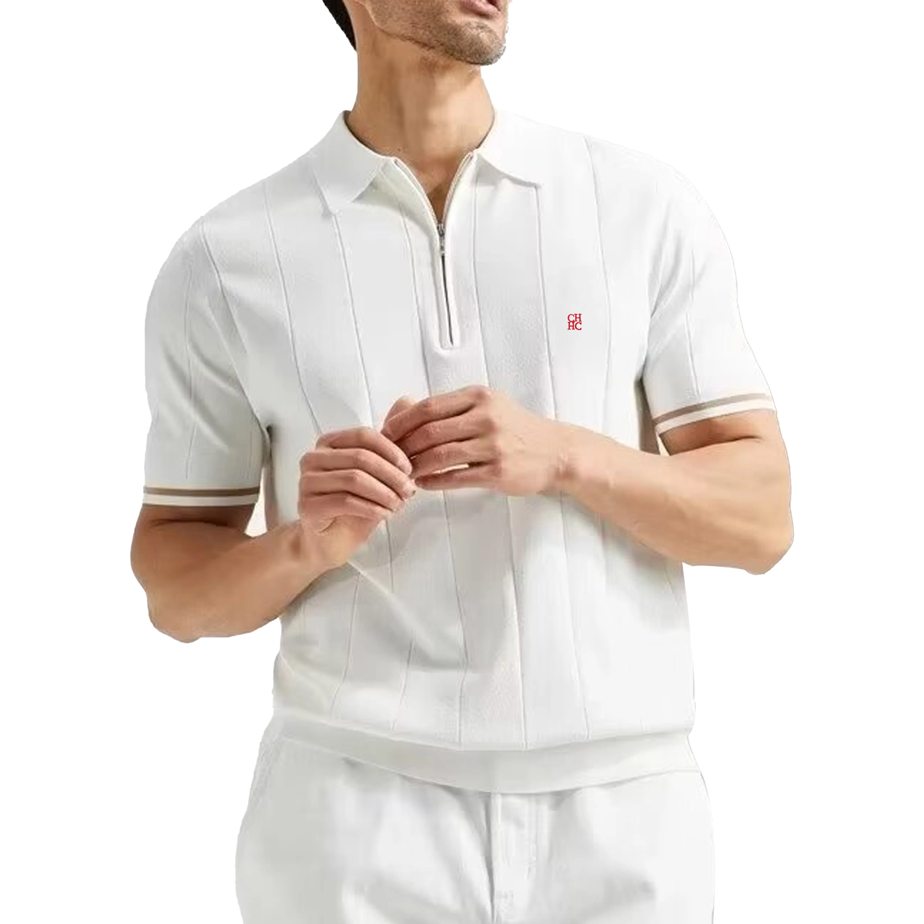 CH Luxury Men Turn Down Collar Knit Polo Half Zipper Vertical Texture Red Logo Embroidery Summer Male Business Gentleman Tee