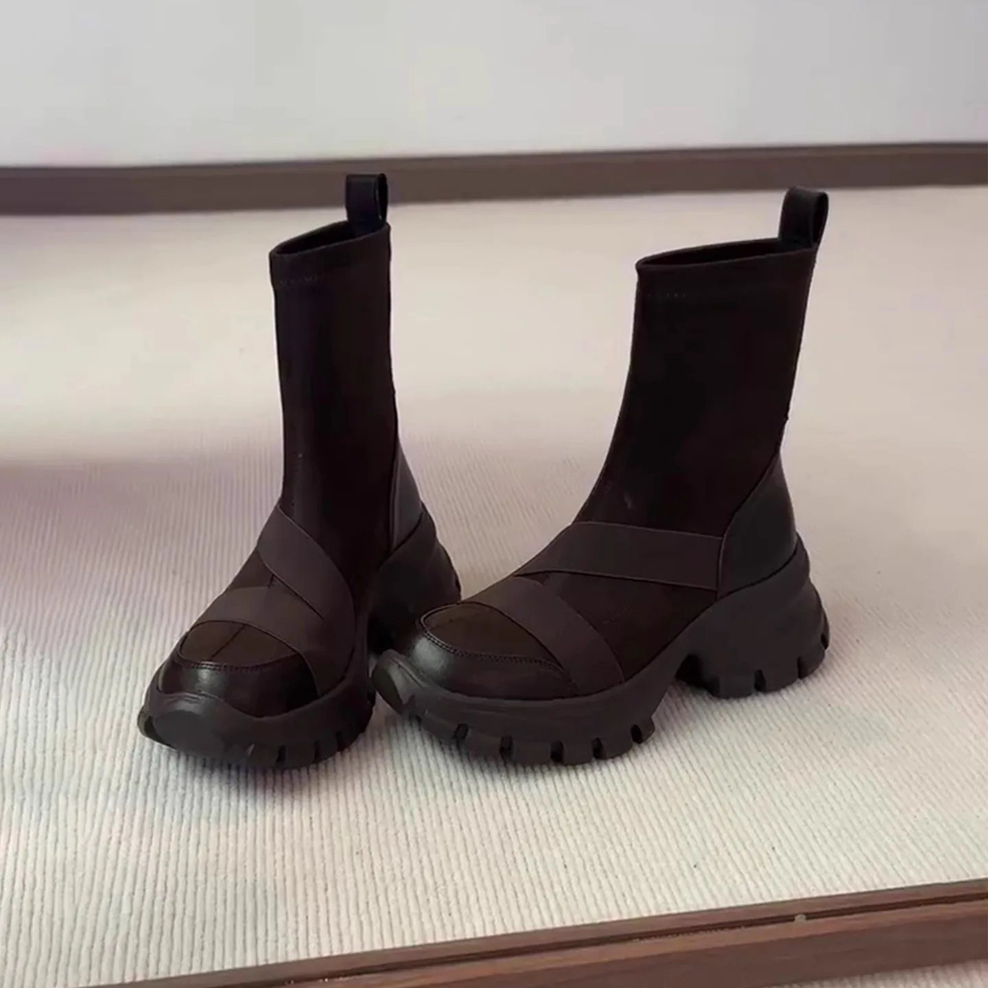 

Women Thick Soled Short Boots Patchwork Sports Socks Boots Cross Strap Design Women Boot Low Cut Comfortable Fashionable Boot