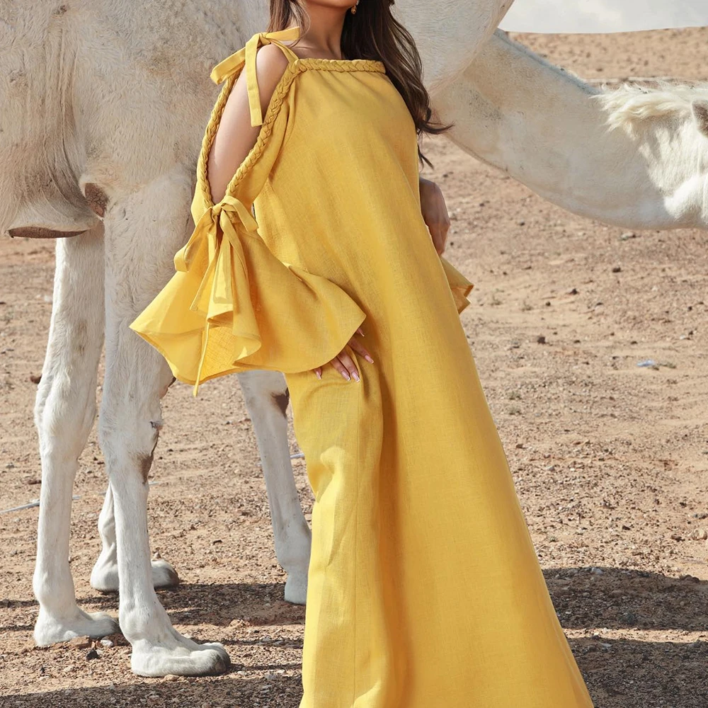 Vestidos De Noche De gasa con lazo elegante y hombros descubiertos, delicados y rectos hasta el suelo, cuello cuadrado, mangas largas, Vestidos De Fiesta