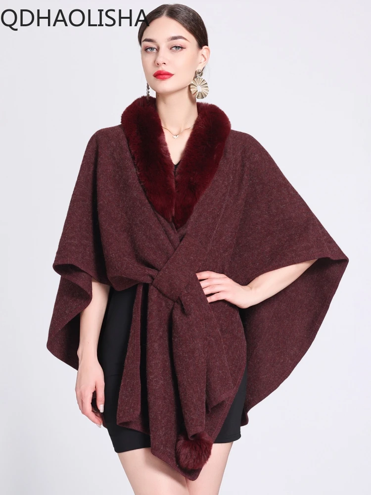 Women Fur Ponchos Coat Knit Cardigan Elegant Casual Fur Collar Shawl Cloak Woolen Coat Oversize Sleeveless Korean Fashion Capes