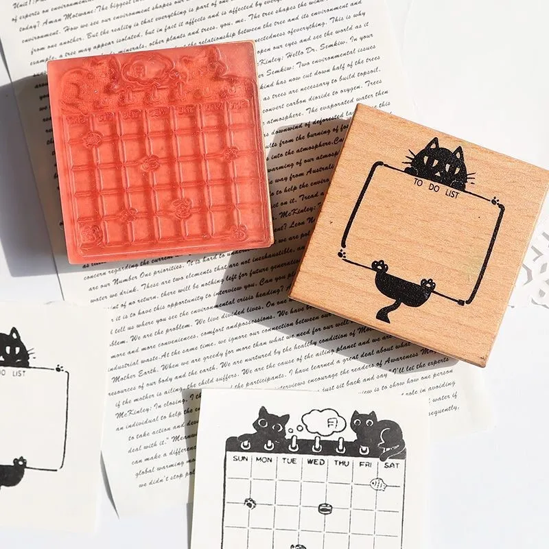 Creative Black Cat Wood Material Schedule Check in Seal To Do List Calendar Hand Account Check Multi Functional Use Seal ZJ451