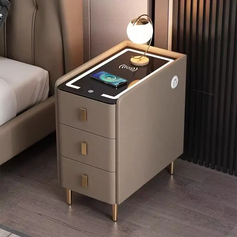 

Интеллектуальная прикроватная тумбочка из цельного дерева в скандинавском стиле, тумбочка из искусственной кожи с 3 ящиками и боковым шкафом для хранения с беспроводной зарядкой