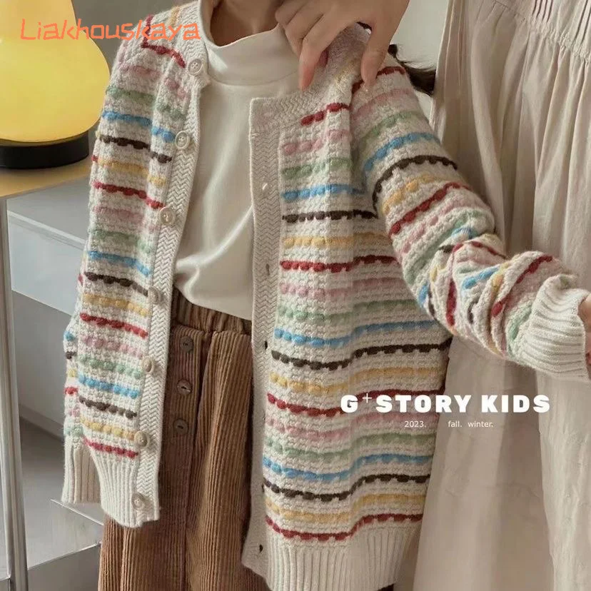 2026 New Korean Style Girls Colorful Striped Knitted Sweater Autumn Winter Kids Knit Cardigan Jacket Fashion Tops for Teenagers