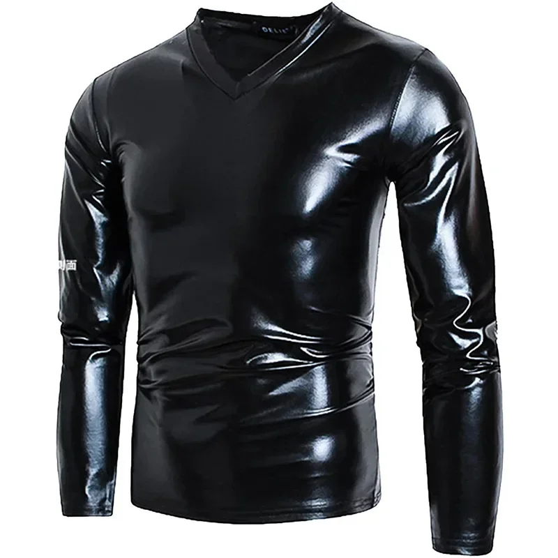 Men's Black PU Top Sexy Bodycon Faux Leather T-shirt Long Sleeve V Neck PVC Pullover Top Casual Stretch PU T-shirts Custom New