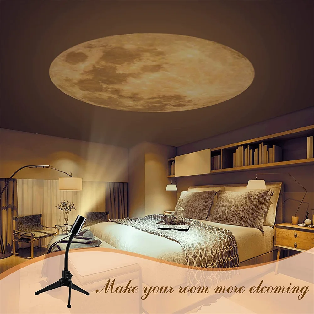 3Colors Dimming Projector Night Light Moon Projection Lamp 360° Rotatable USB 5V 3W LED Kids Bedroom Home Background Wall Decor