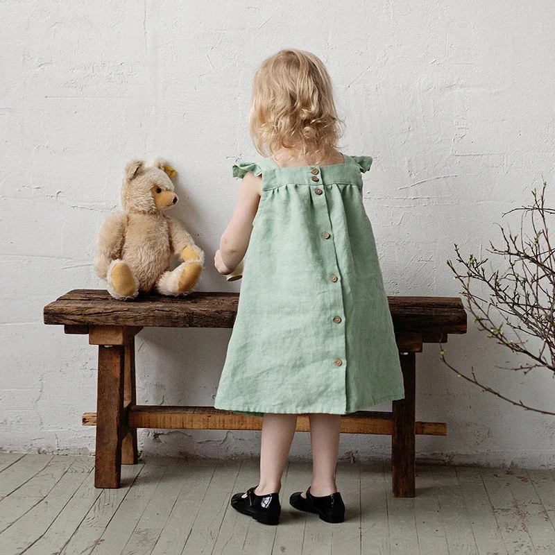 Children Girls\' Linen Dress 2026 Summer New Literary Petal Sleeves Loose Baby Girl Strap Princess Dresses TZ04
