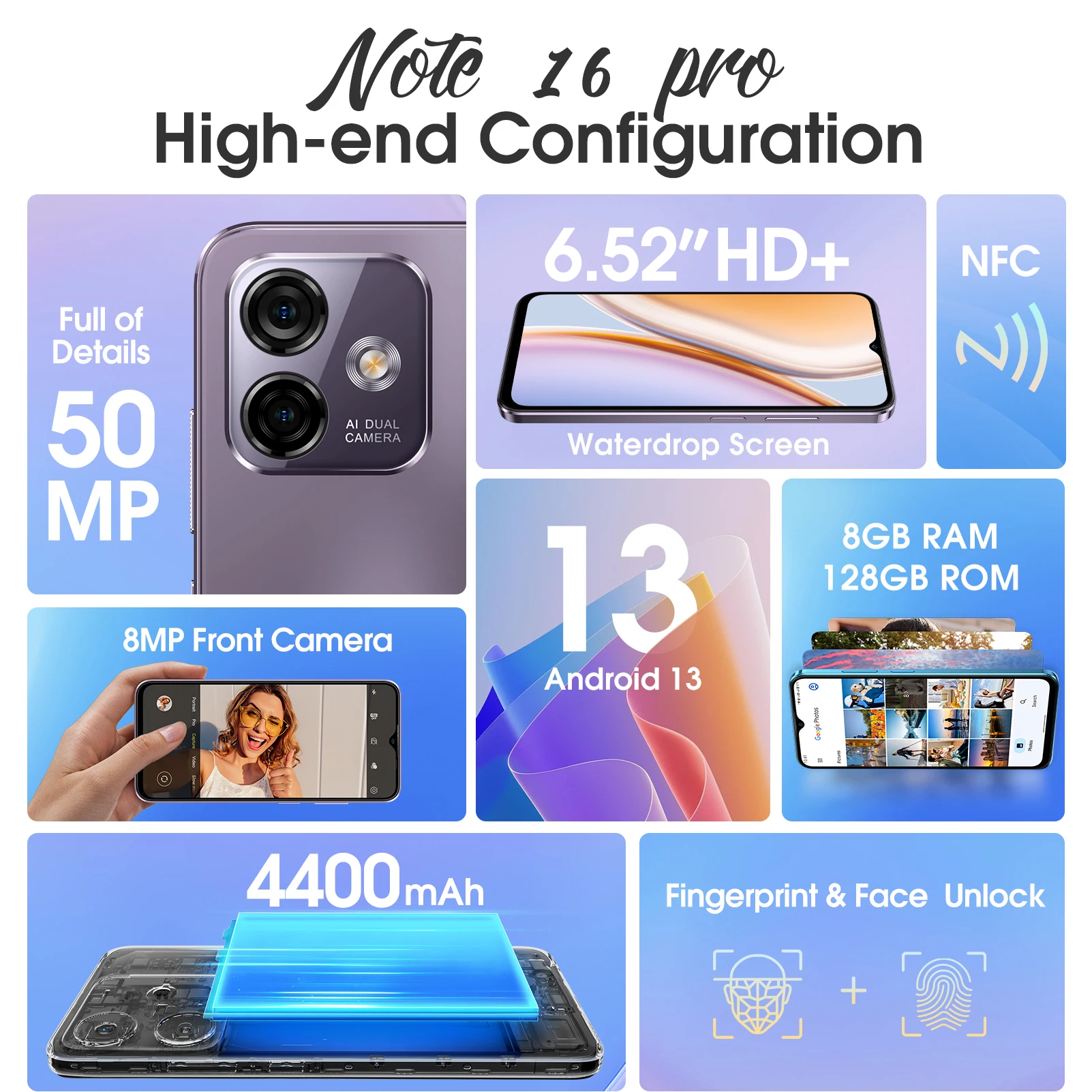 Ulefone Note 16 Pro 4G Smartphone, NFC, Global Version, 8GB RAM + 128GB ROM, Android 13, 50MP, 6.52 