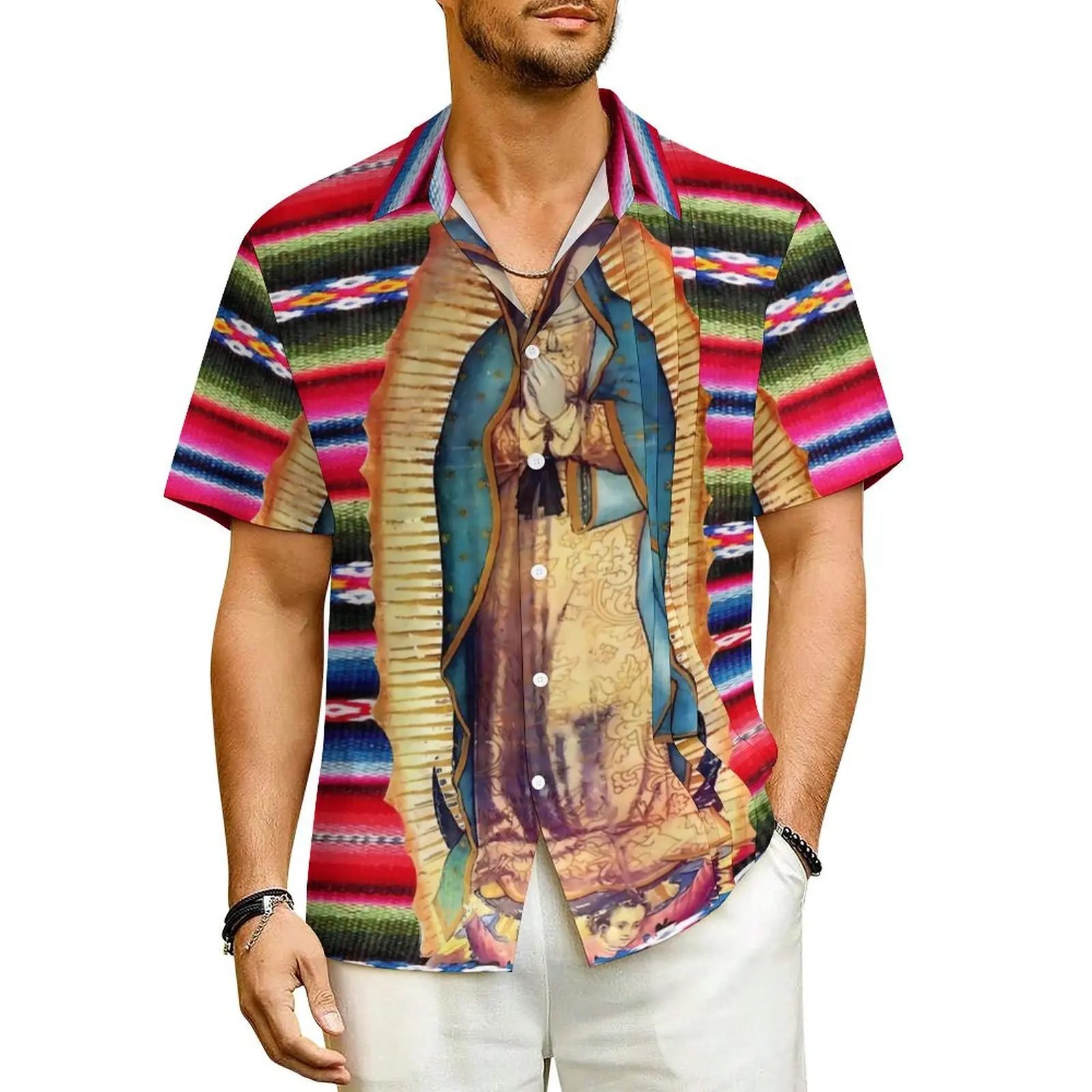 

Hawaiian Shirt Beach Our Lady of Guadalupe Blouses Virgin Mary Novelty Casual Shirts Mens Short Sleeve Harajuku Oversized Top