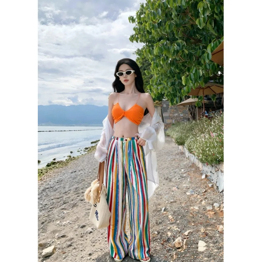 

Orange Bikini High Waist Wide Leg Pants Rainbow Stripes Set Women's Casual Style mid High Waist Zipper Long Pants Polyester F...