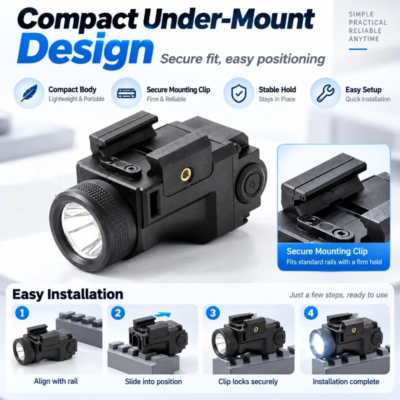 Hobby Model Decor Accessory, Under Mount Bright Flashlight with High Luminosity & Burst-Flash Mode
