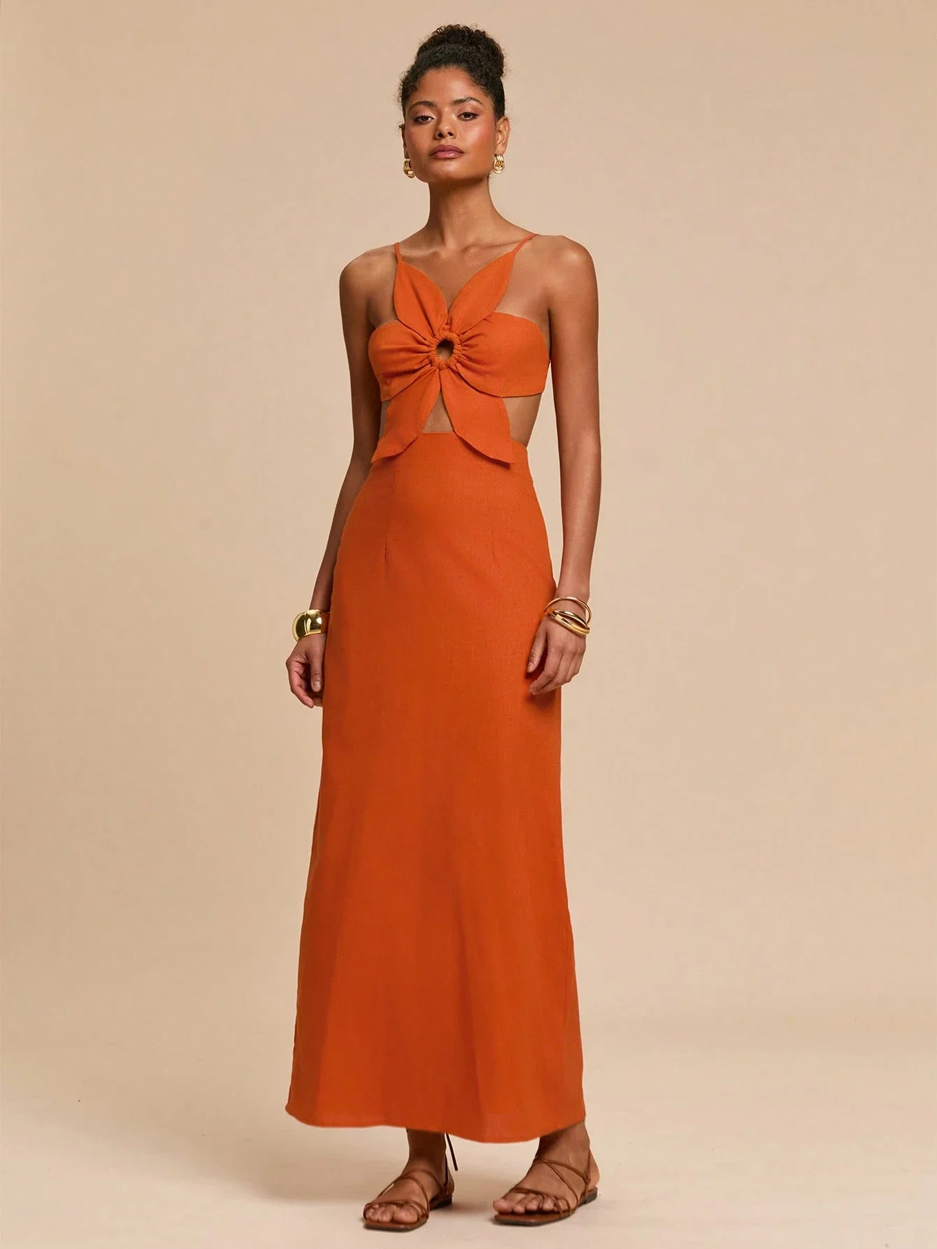 

Оранжевое цветочное платье макси с завязками на спине и бретелями для женщин, для летнего отдыха