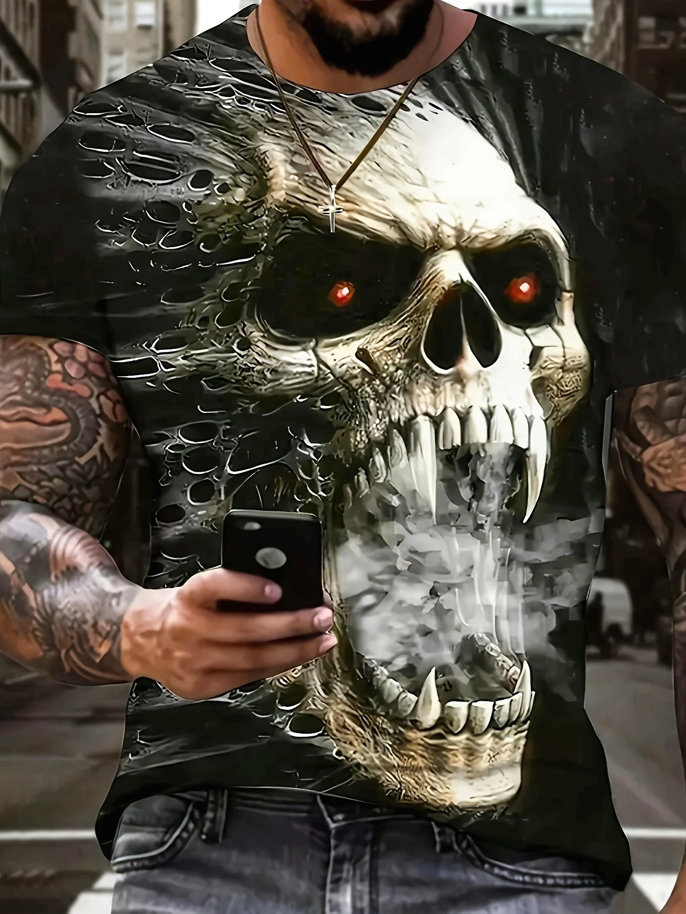 Men's Horror Fanged Skull Red Eyes Smoke Print T-Shirt, Black Gothic Dark Punk Short Sleeve Tee For Street Casual Wear Top