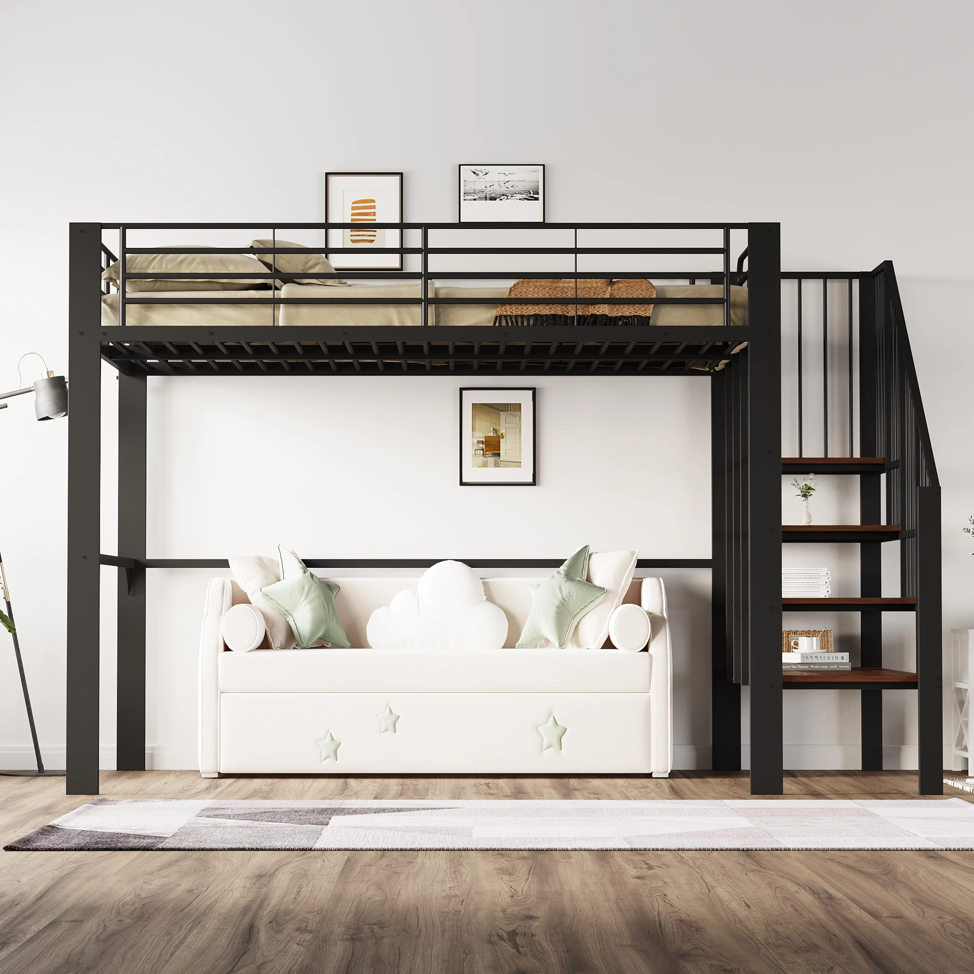 KOMHTOM Metall Hochbett 140x200 cm mit geräumigem Stauraum unter dem Bett und Treppe Platzeffizientes Stauraumbett