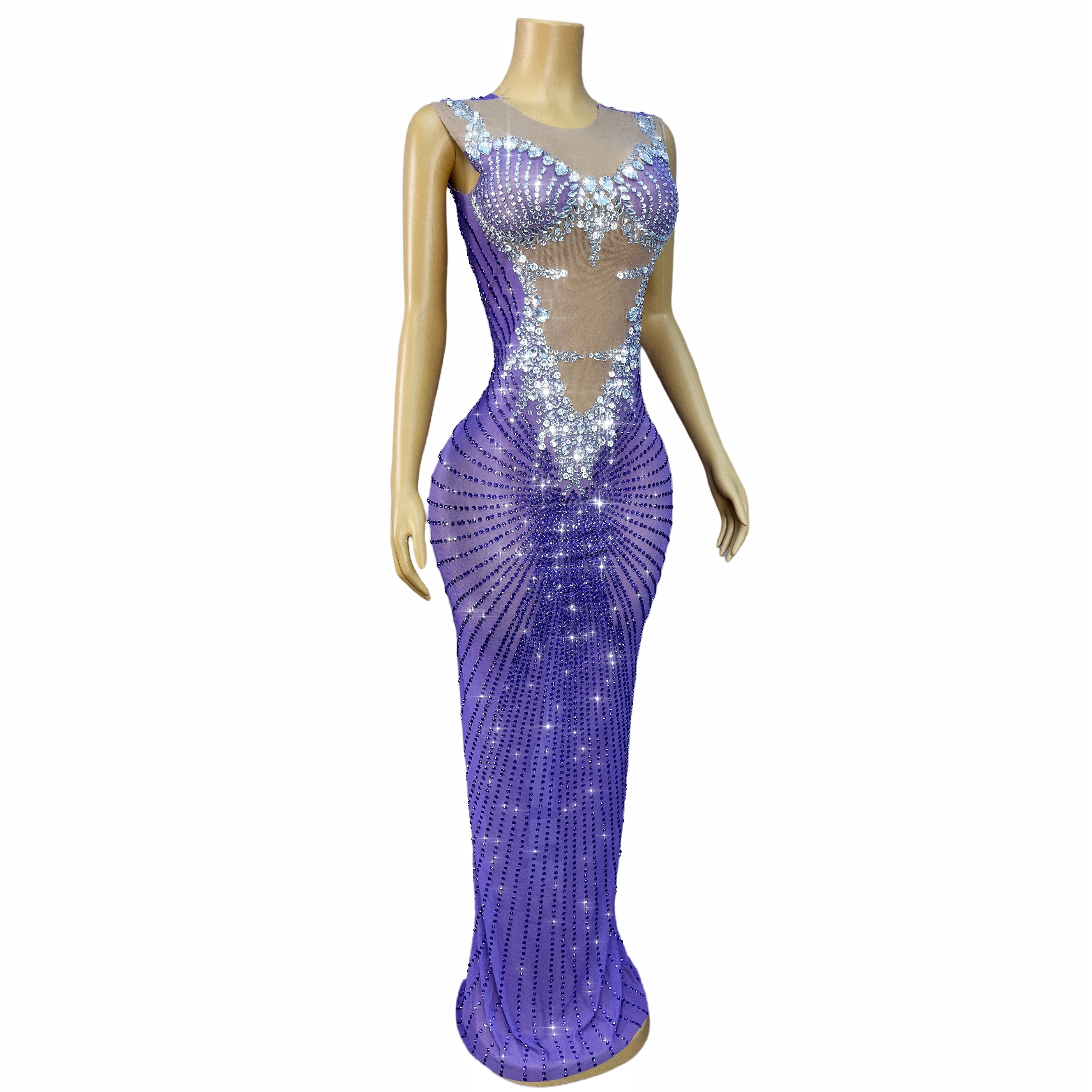 Luxury Blingbling Rhinestones Elegant Cultivation Mesh Dress Cocktail party Evening Gown Red carpet Show Outfit Chijin