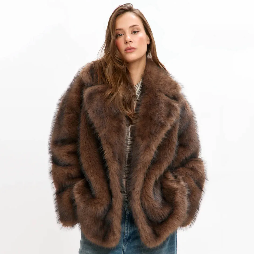 RU 2026 Ladies Wide Lapel Faux Fur Cropped Jacket Open Front Relaxed Fit Fluffy Plush Cozy Daily Fashion Outer Overcoat