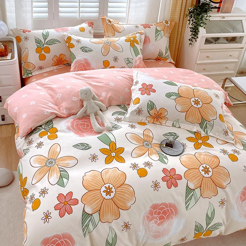 Orange Flower Duvet Cover Bright Floral Comforter Covers Set 3 Piece Colorful Botanical Luxury Soft Thick Bedding Set Breathable