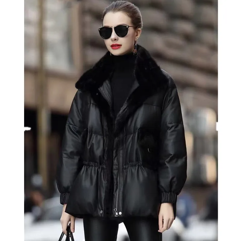 Women's Leather Down Coat, Sheepskin Down Jacket, Drawstring Waist, Warm Mink Fur Collar, Winter Waistcoat