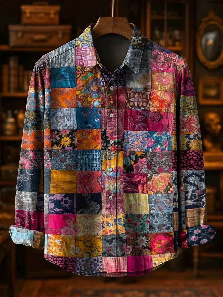 Men's Abstract Casual Fashion Patchwork Design Linen Shirt Floral 3D Printed New Style Comfortable Fit Long Sleeve Casual Shirt