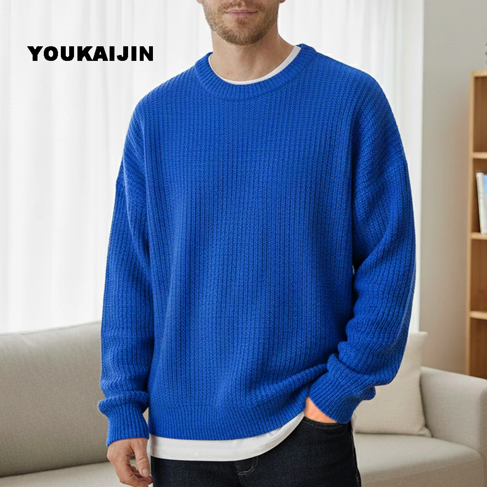 الخريف طاقم الرقبة بلون البلوز البلوزات للرجال عادية سليم صالح محبوك سترة شارع العليا موضة الملابس الكورية