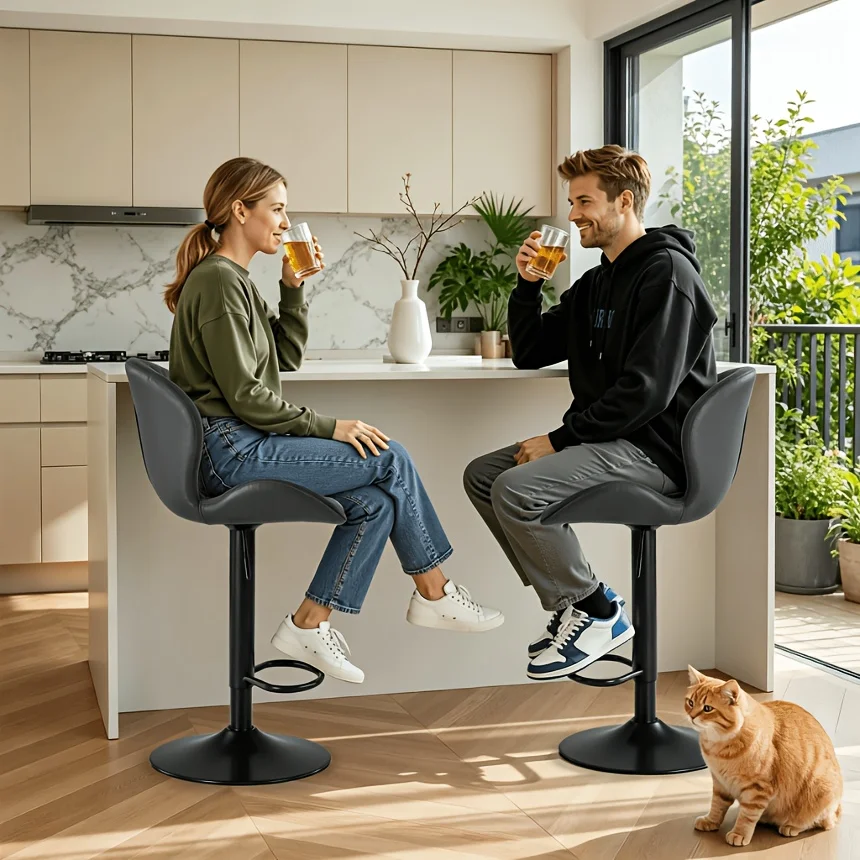Set of 2 Modern Adjustable Swivel Bar Stools with PU Leather Cushions & Frame - No Assembly Required Suitable for Kitchen Islands, Home Bars, Counter Height Tables, Retro Style Padded Stool for, Black/Beige