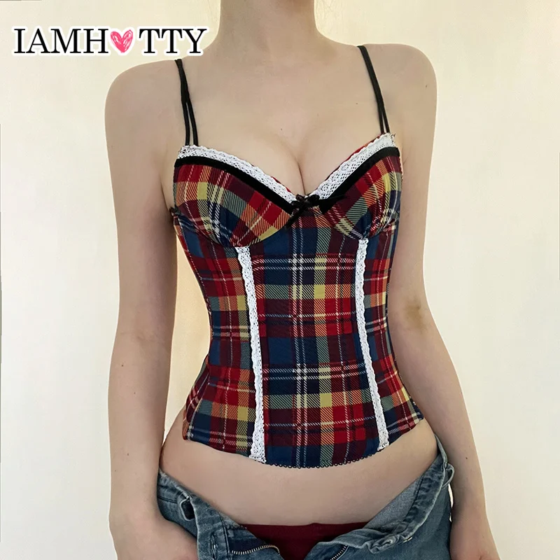 IAMHOTTY Mixed Color Plaid Print Crop Top Y2K Aesthetic Contrast Lace Patchwork Corset French Style Sexy Camisole Cute Vest New