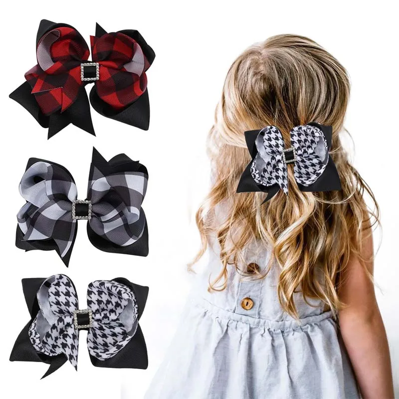 3'' Retro Plaid Hair Bows Clip For Kids Girl Thousand Birds Print Hairpin with Rhinestone Barrette Headwear DIY Hair Accessories