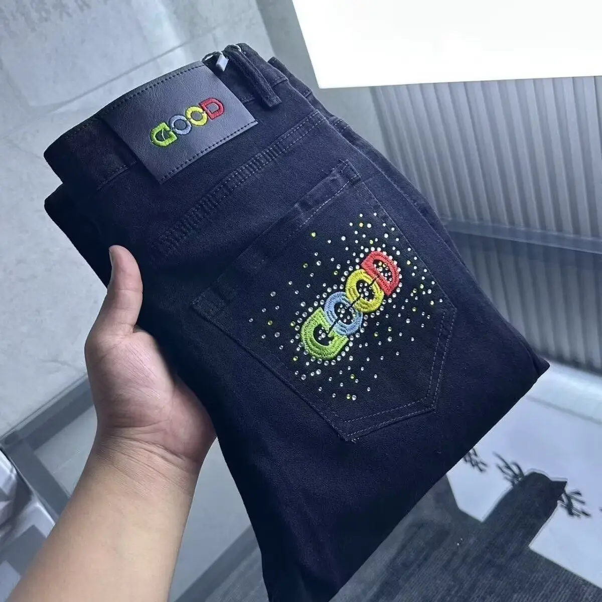 

Hong Kong Sle Hip Hop Men's Jeans Trendy Letter Print mid Waist Cotton Polyester Blend Qui Dry Straight Leg Fit