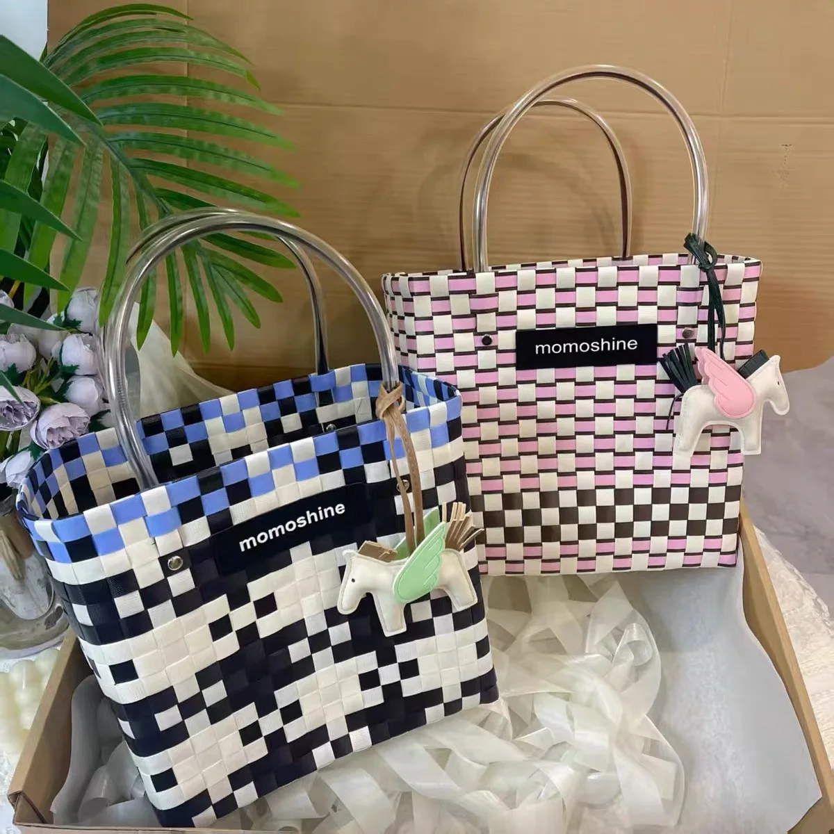 手織り大容量ビーチバッグ DIY ギフトバスケット ハンドバッグ フェスティバルギフトバッグ バケツ型 格子柄 ユニセックス カジュアル レジャー