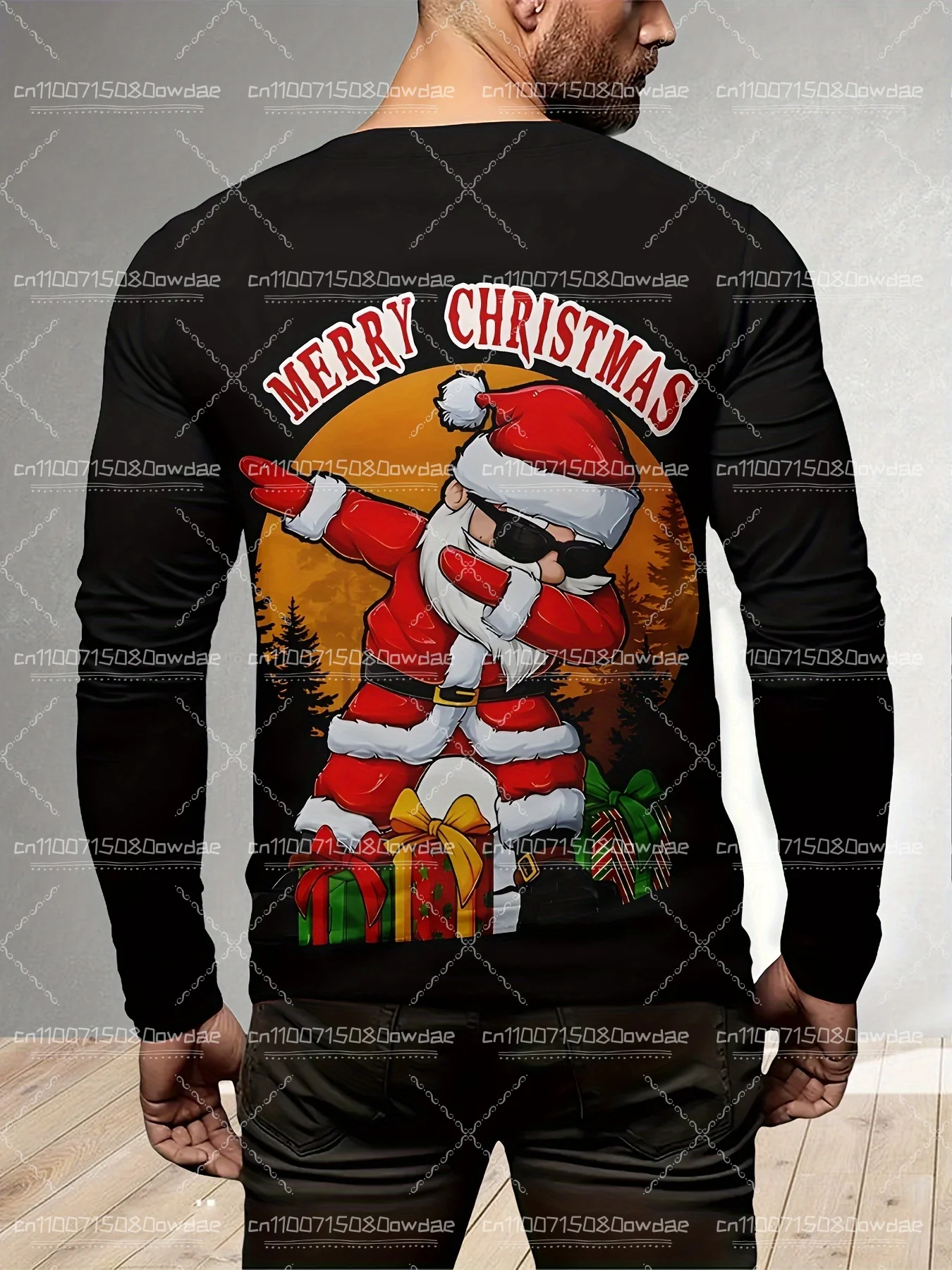 남성용 산타클로스 라운드 넥 패턴 긴 소매 셔츠는 남성용 휴일 복장을 위한 캐주얼 프린트 풀오버 디자인을 갖추고 있습니다.