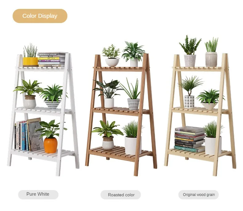 Rural Solid Wood White Flower Rack Floor To Floor Three-layer Storage Rack Folding Multi-layer Storage Rack Living Room