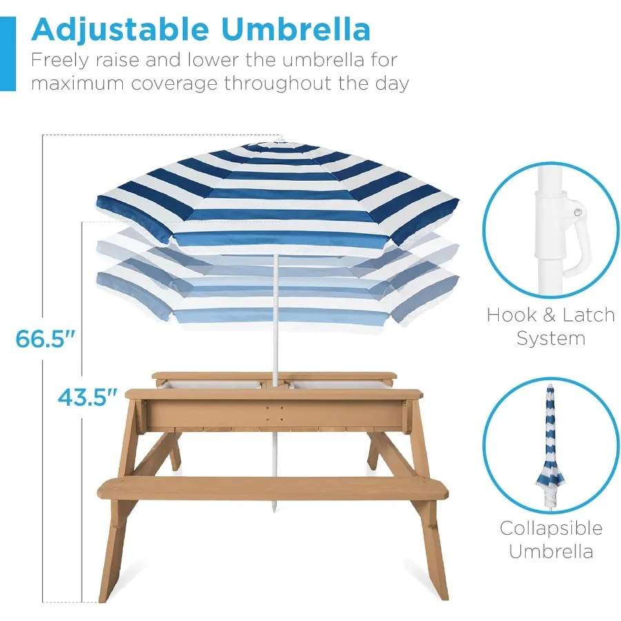 Tavolo da picnic convertibile per esterni in legno con sabbia e acqua 3in1 con ombrellone, 2 vassoi, piano rimovibile, capacità di 220 libbre per panca, blu scuro