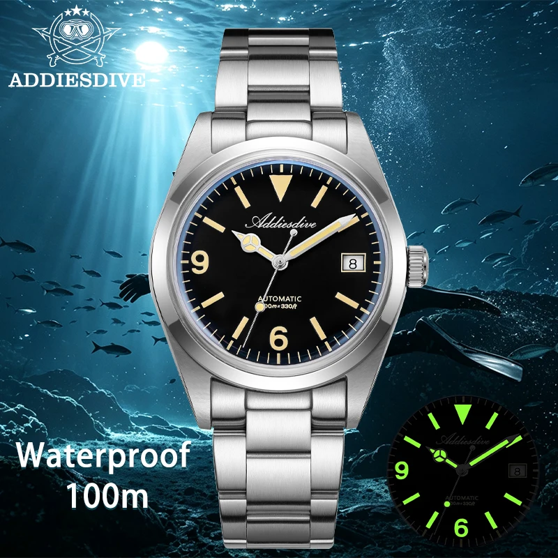 ADDIESDIVE Men's Luxury Automatic Watch ST2130 Domed Sapphire Glass Stainless Steel Watches 100M Waterproof Super Luminous 36mm