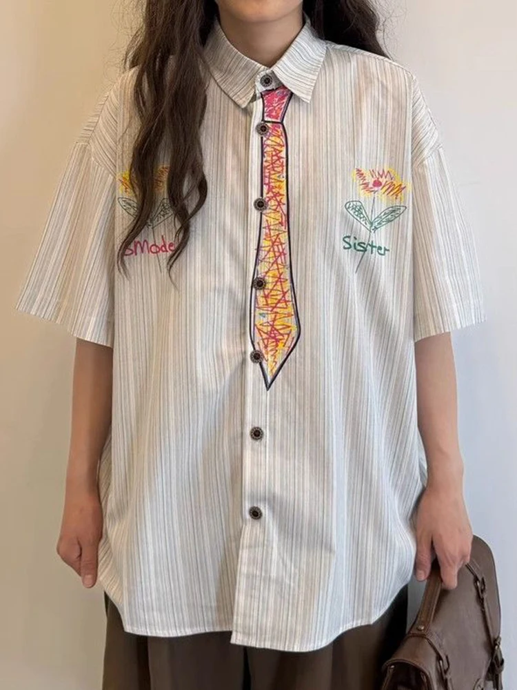 Jmprs قميص Y2K مرسومة يدويًا بلوزة نسائية فضفاضة غير رسمية على طراز Preppy بلوزة كلاسيكية أمريكية كبيرة الحجم Harajuku بأكمام قصيرة قطع علوية لطيفة Bf #4