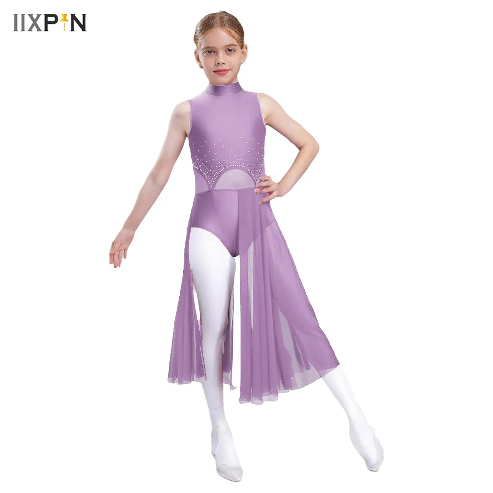 

Kids Girls Lyrical Dance Dress Sleeveless Shiny Rhinestones Sheer Mesh Patchwork Split Leotard Dress Modern Ballet Dancewear