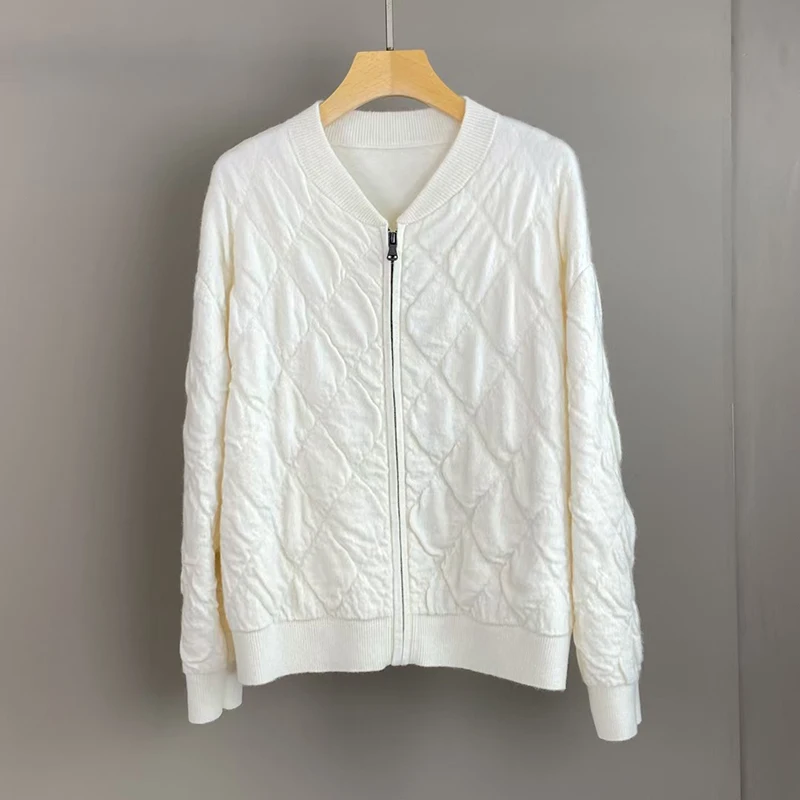 แจ็คเก็ตแคชเมียร์แขนยาวอเนกประสงค์ของผู้หญิง, แจ็คเก็ตซิปรูปเพชร, เสื้อสเวตเตอร์แคชเมียร์ 100% คุณภาพสูง, ฤดูใบไม้ร่วง, ใหม่